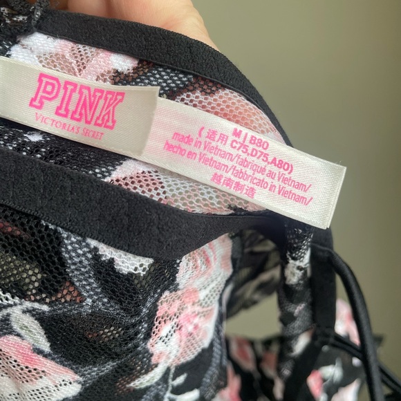 NWOT PINK Victoria’s Secret Unlined Satin Lace Bralette, Floral Pink/Black - Picture 9 of 10
